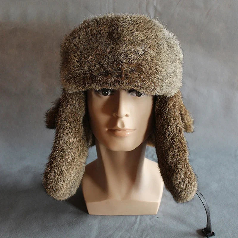 Winter Fur Bomber Hat Men Women Leather Russian Hat Snow Trapper Cap Warflap Ushanka