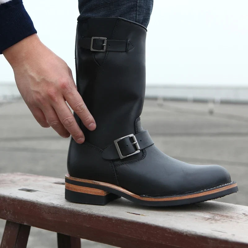 Luxury Men Work Genuine Leather High Top Boots Slip-On Biker Knight Boots Winter Mid-Calf Boots Zapatos De Hombre Work Shoes
