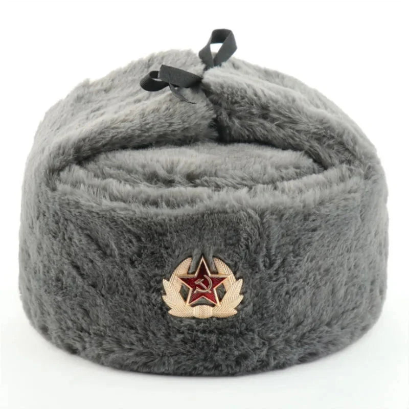 Soviet Badge Ushanka Men&Women Bomber Hats CCCP Army Pilot Trapper Trooper Hat Winter Faux Rabbit Fur Earflap Snow Caps