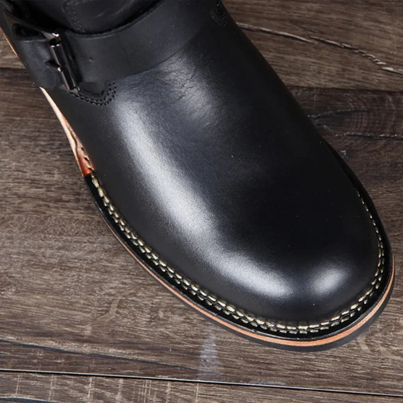 Luxury Men Work Genuine Leather High Top Boots Slip-On Biker Knight Boots Winter Mid-Calf Boots Zapatos De Hombre Work Shoes