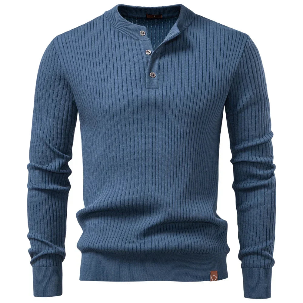 Button Placket Polo Shirt Men Ribbed Stripe Long Sleeve Contemporary Fit Minimalist Autumn Winter Premium Business Top