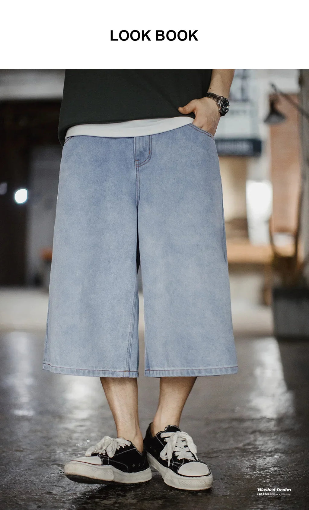 Men's American Retro Ice Blue Washed Denim Shorts Straight A Line Seven Inch Pants Vintage Workwear Loose Summer Trousers