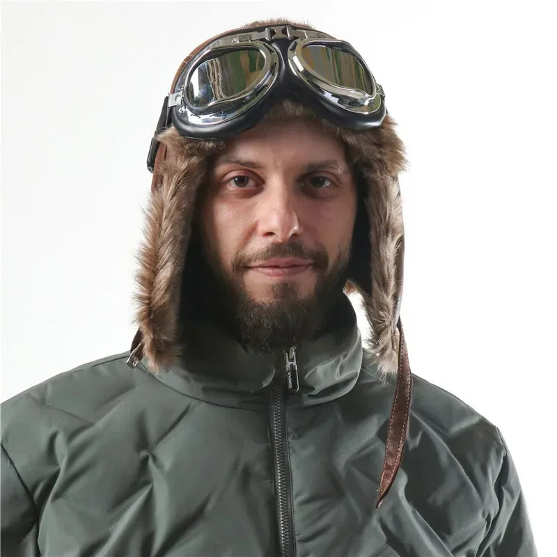 Men Winter Bomber Hat With Goggles Outdoor Motorcycle Windproof Warm Faux Fur Pilot Earflap Hat Leather Thermal Ushanka