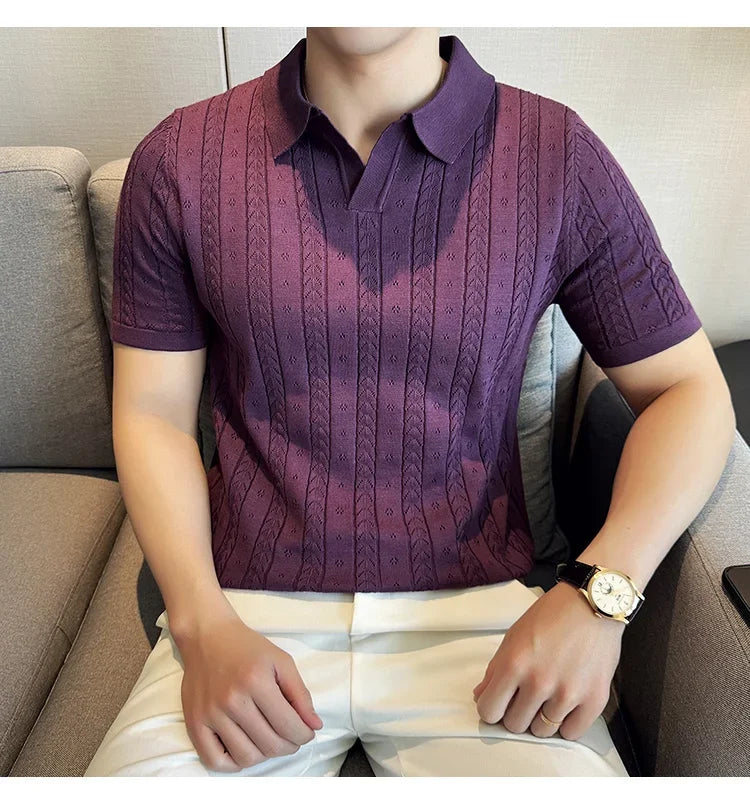 Men's Polo Shirt, Striped Jacquard Knit Short Sleeve, T-shirt V-neck Solid Color Elastic Top 2024. M-3XL,Summer Purple Thin