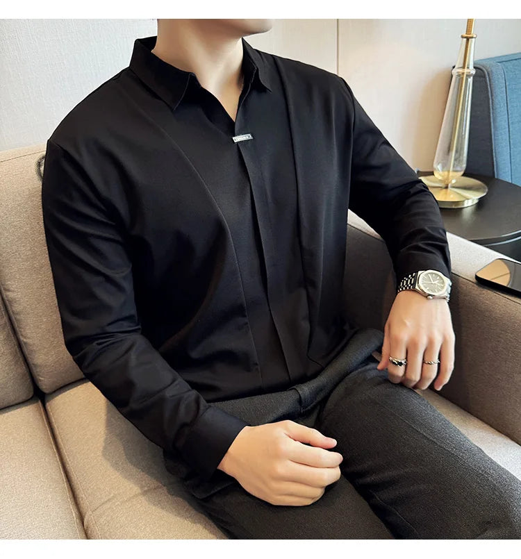 Stitching Special V-neck Long-Sleeved Polo Shirt, Men's High-Grade Elasticity Traceless Lapel T-shirt, Royal Blue Seamless Top