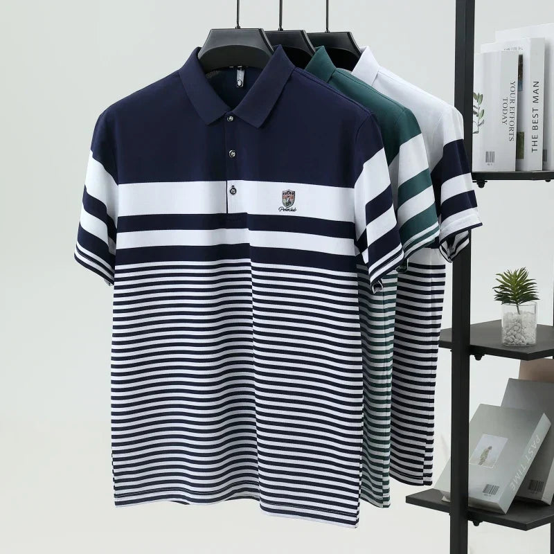 High quality fashion striped short sleeve polo shirt men's luxury brand embossed design summer new breathable T-shirt golf top