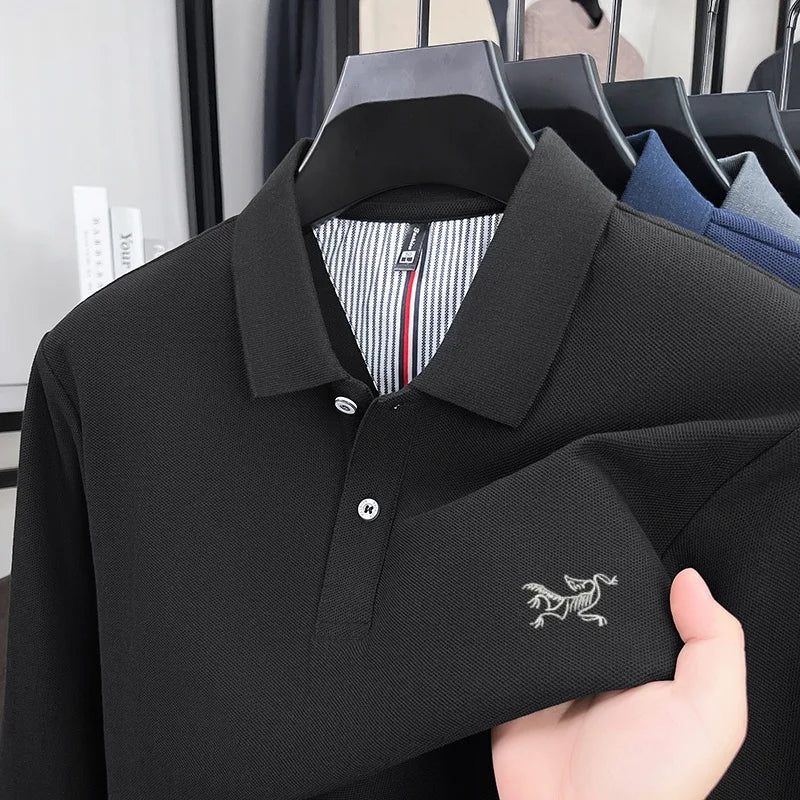 100% pure cotton high-end luxury brand men's long sleeved polo shirt autumn fashion original embroidery design golf top T-shirt