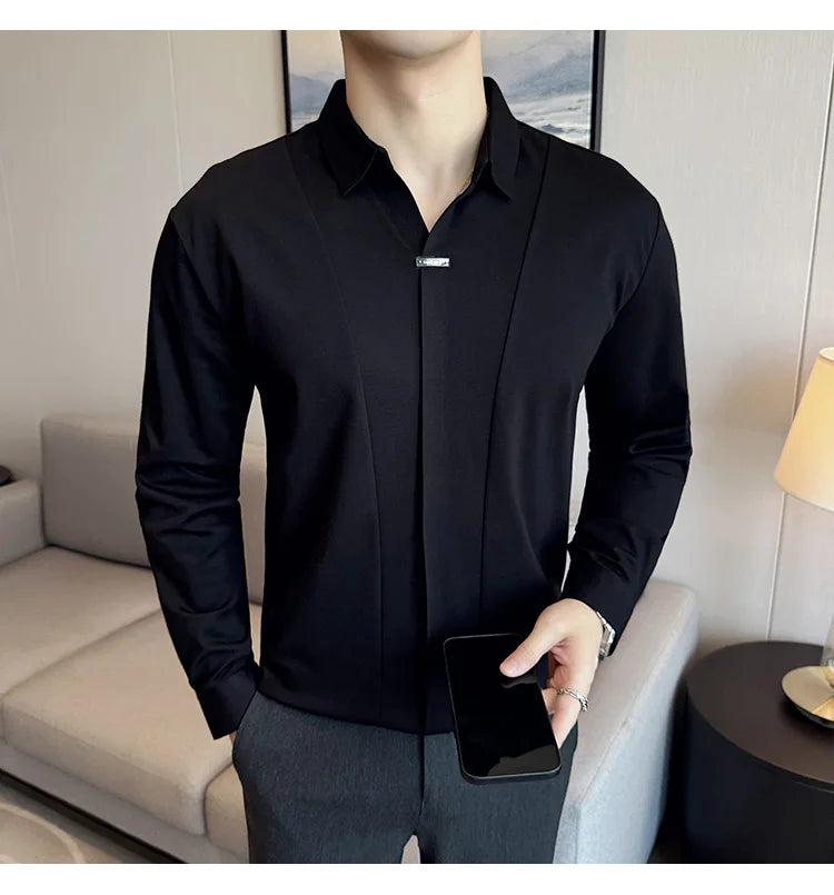 Stitching Special V-neck Long-Sleeved Polo Shirt, Men's High-Grade Elasticity Traceless Lapel T-shirt, Royal Blue Seamless Top