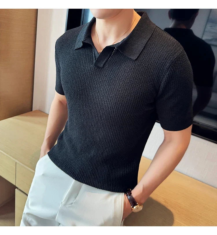 Hollow Knitted Short-Sleeved T-shirt, V-neck Brown Polo Shirt, High-End Quality, Cool, Luxury Genuine Goods，Slim Top
