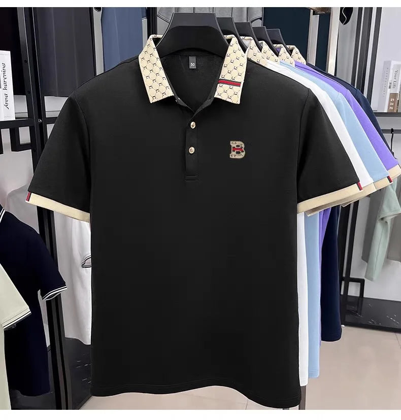 Luxury brand B letter embossed short sleeve polo shirt men summer lightweight breathable new fashion color blocked lapel T-shirt