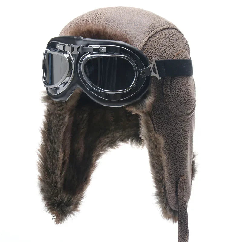 Winter Men Bomber Hat With Goggles Outdoor Motorcycle Windproof Warm Faux Fur Pilot Earflap Hat Leather Thermal Ushanka