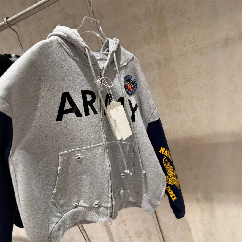 2026 Patchwork ARMY Vintage Damaged Cardigan Pullover Men Women Best Quality Hoodie