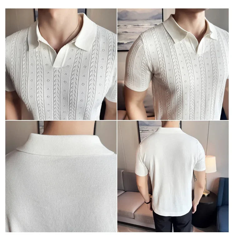Men's Polo Shirt, Striped Jacquard Knit Short Sleeve, T-shirt V-neck Solid Color Elastic Top 2024. M-3XL,Summer Purple Thin