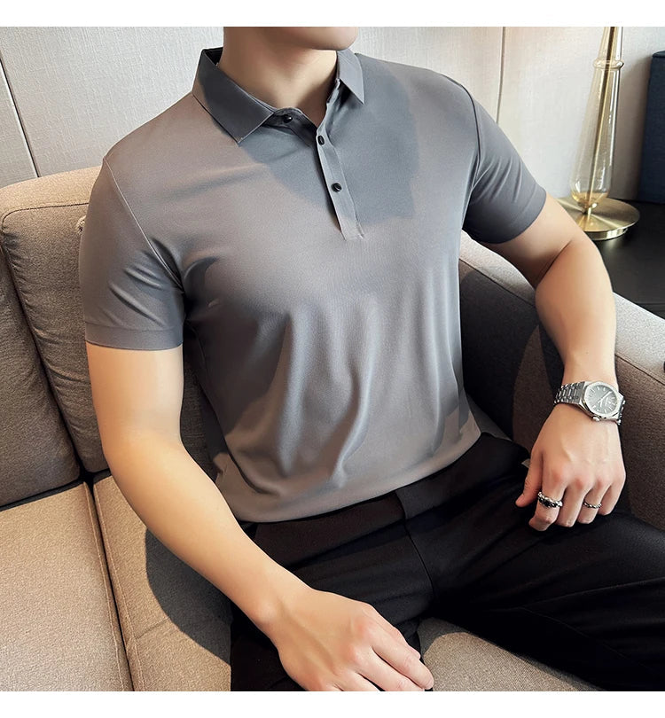 Ice Silk High Elastic Seamless T-shirt ,Summer Thin Polo Shirt, Solid Color Polo Collar Short Sleeve Brown Top, Business Leisure
