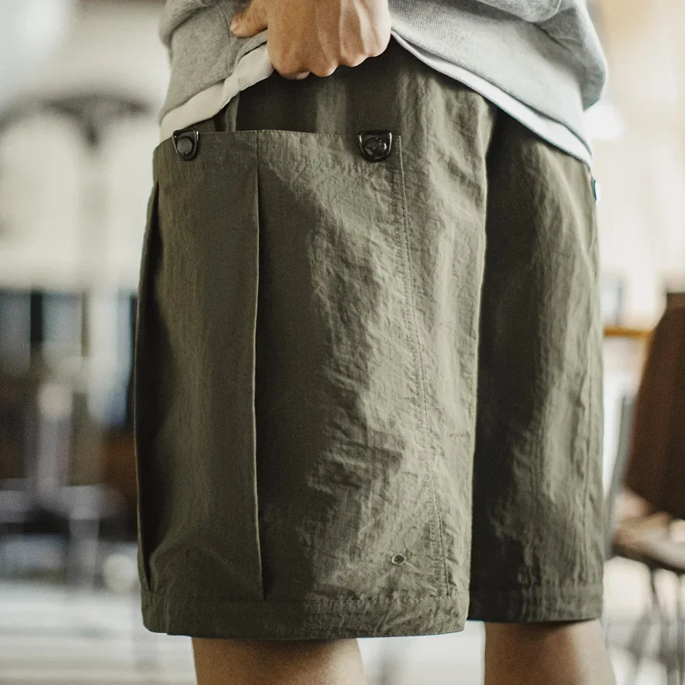 Casual Green Pocket Shorts Men's Summer Lightweight Woven Straight Leg Shorts Elastic Waist Retro Street Versatile Bottoms