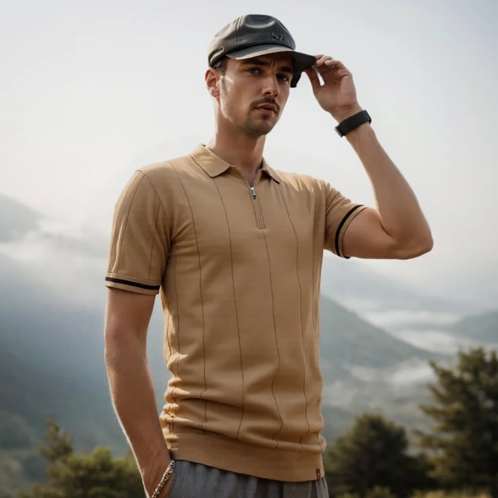 Men's Solid Color Sport Zipper Polo Shirt Athletic Social Polo Shirts for Men Office Slim Fit Polo