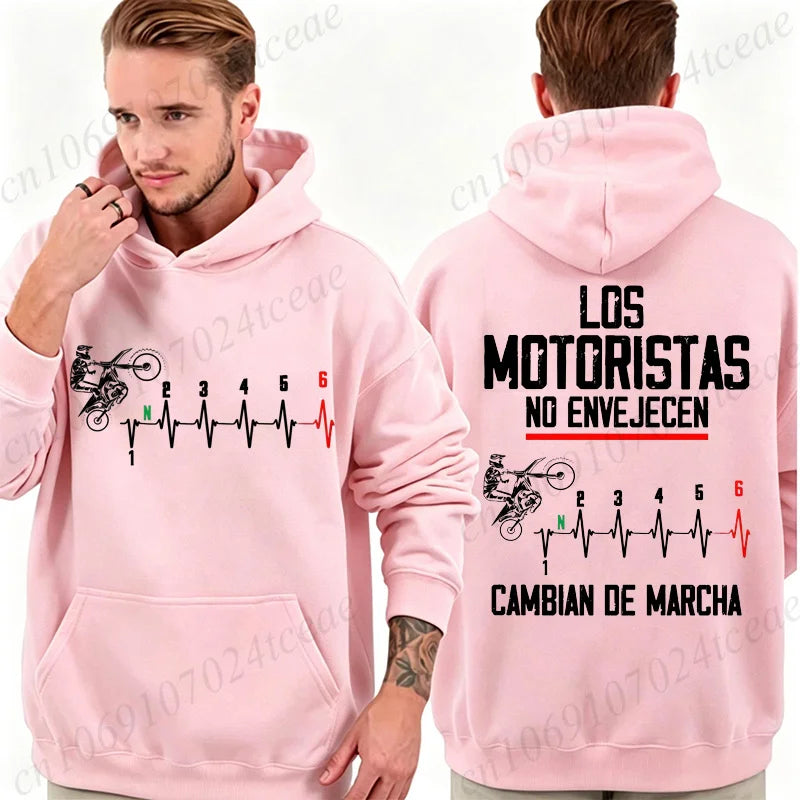 Mens Spanish Motorcycle Biker Hoodies Los Motoristas No Envejecen Print Pullover Hooded Sweatshirt Fleece Casual Outerwear Gift