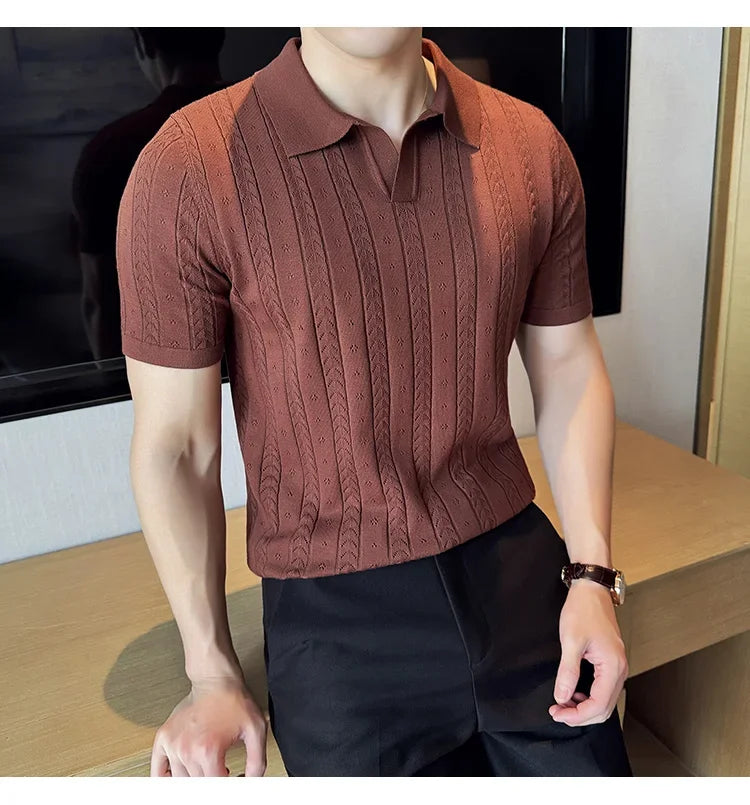Men's Polo Shirt, Striped Jacquard Knit Short Sleeve, T-shirt V-neck Solid Color Elastic Top 2024. M-3XL,Summer Purple Thin