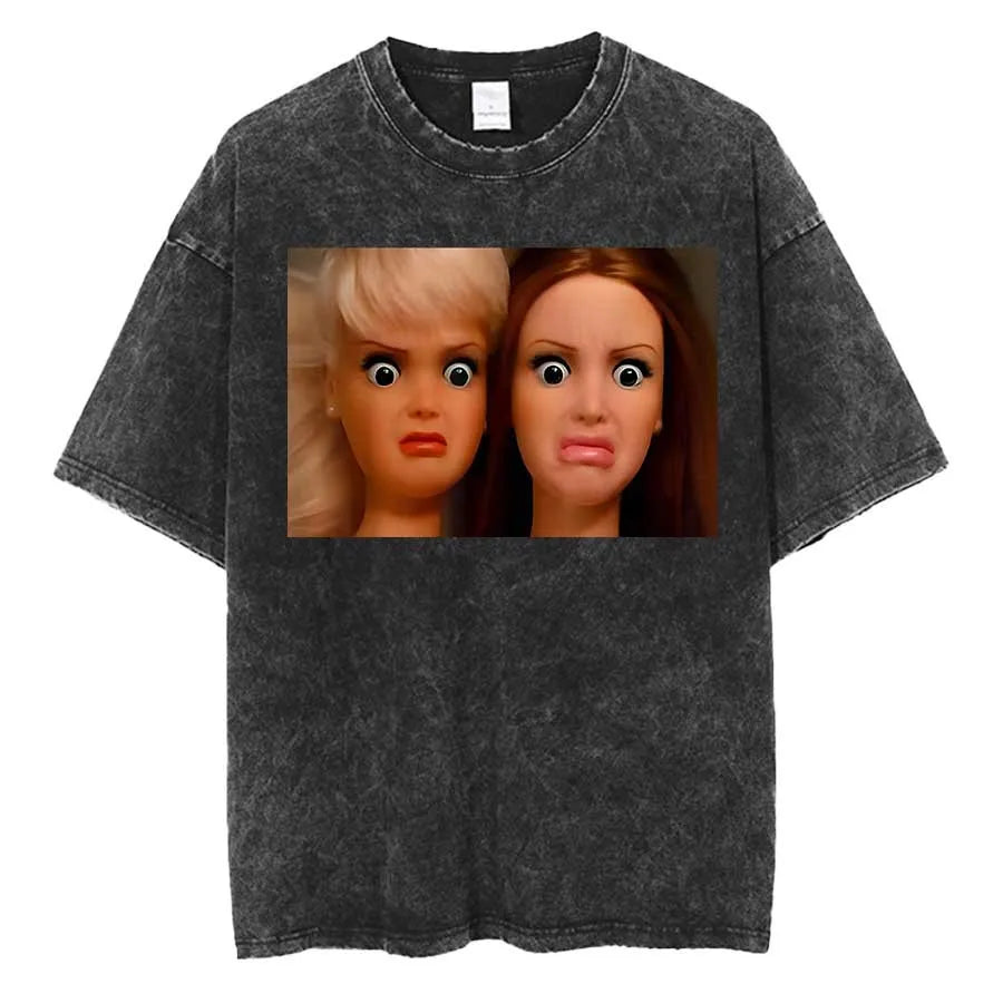Funny Distressed Doll Face Meme Smoking Oversized T shirt 100% Cotton Vintage Washed T-shirt for men women P724