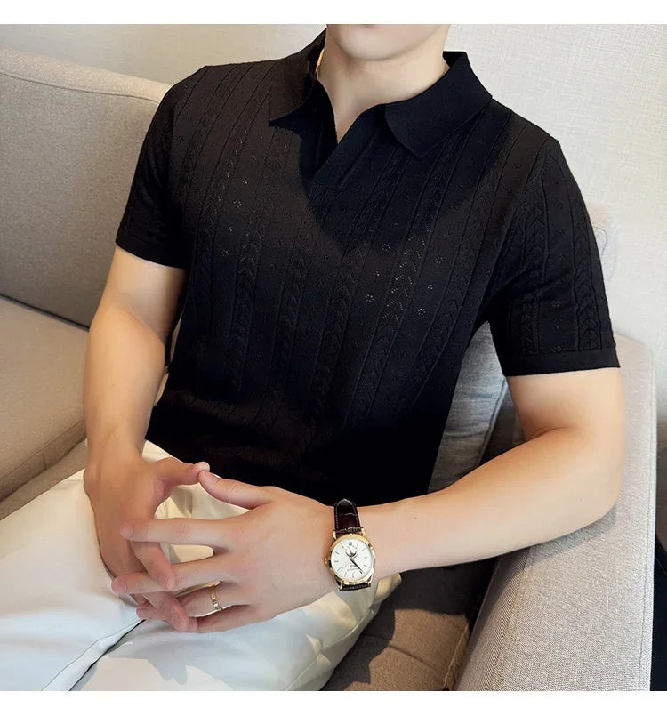 Men's Polo Shirt, Striped Jacquard Knit Short Sleeve, T-shirt V-neck Solid Color Elastic Top 2024. M-3XL,Summer Purple Thin