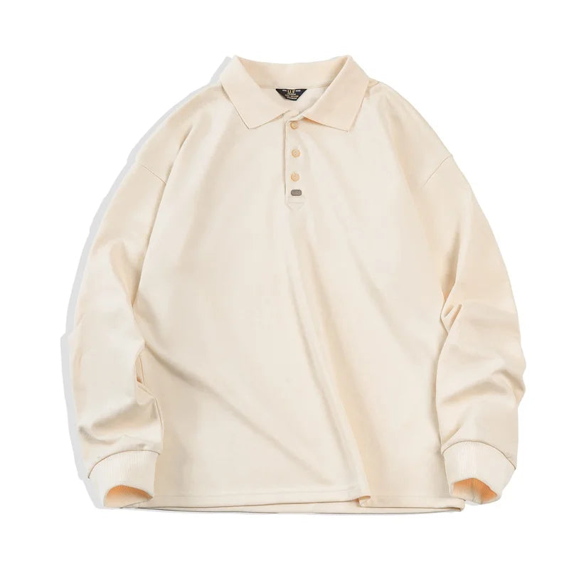 Spring Vintage Oversize Polo Shirts for Men Business Casual Solid Color Long Sleeve T-shirt Stylish Lapel Plain Tops