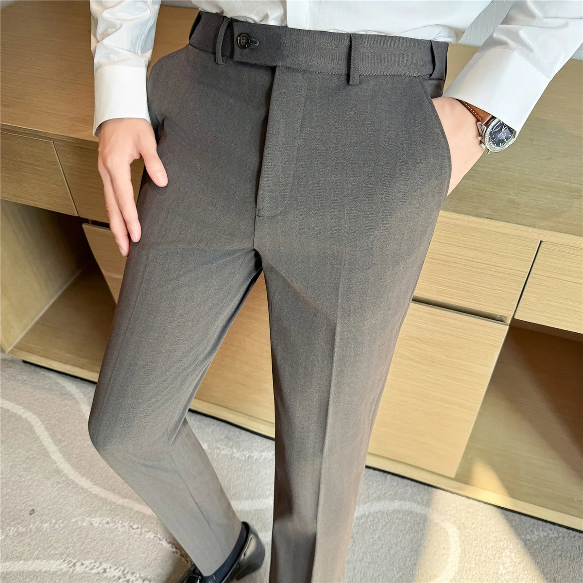 Autumn Winter Thicken Elastic Waist Casual Suit Pants High Quality Men Woven Dark Striped Slim Fit Office Social Dress Trousers