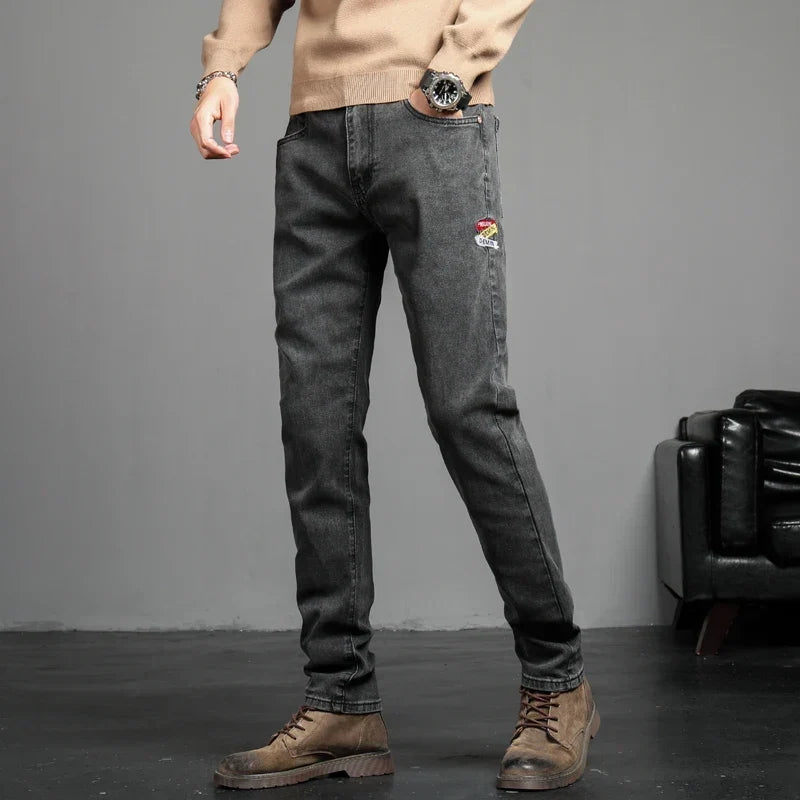 New Four Seasons Men's Jeans Vintage Blue Solid Color Elastic Classic Jeans Men Slim Fashion Casual Denim Trousers