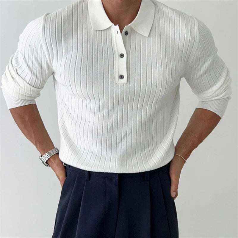 Striped Polo Shirt for Business and Casual Occasionsmen Breathable  Stretchy Slim  Knitted Pullover, Long-sleeve Sweater