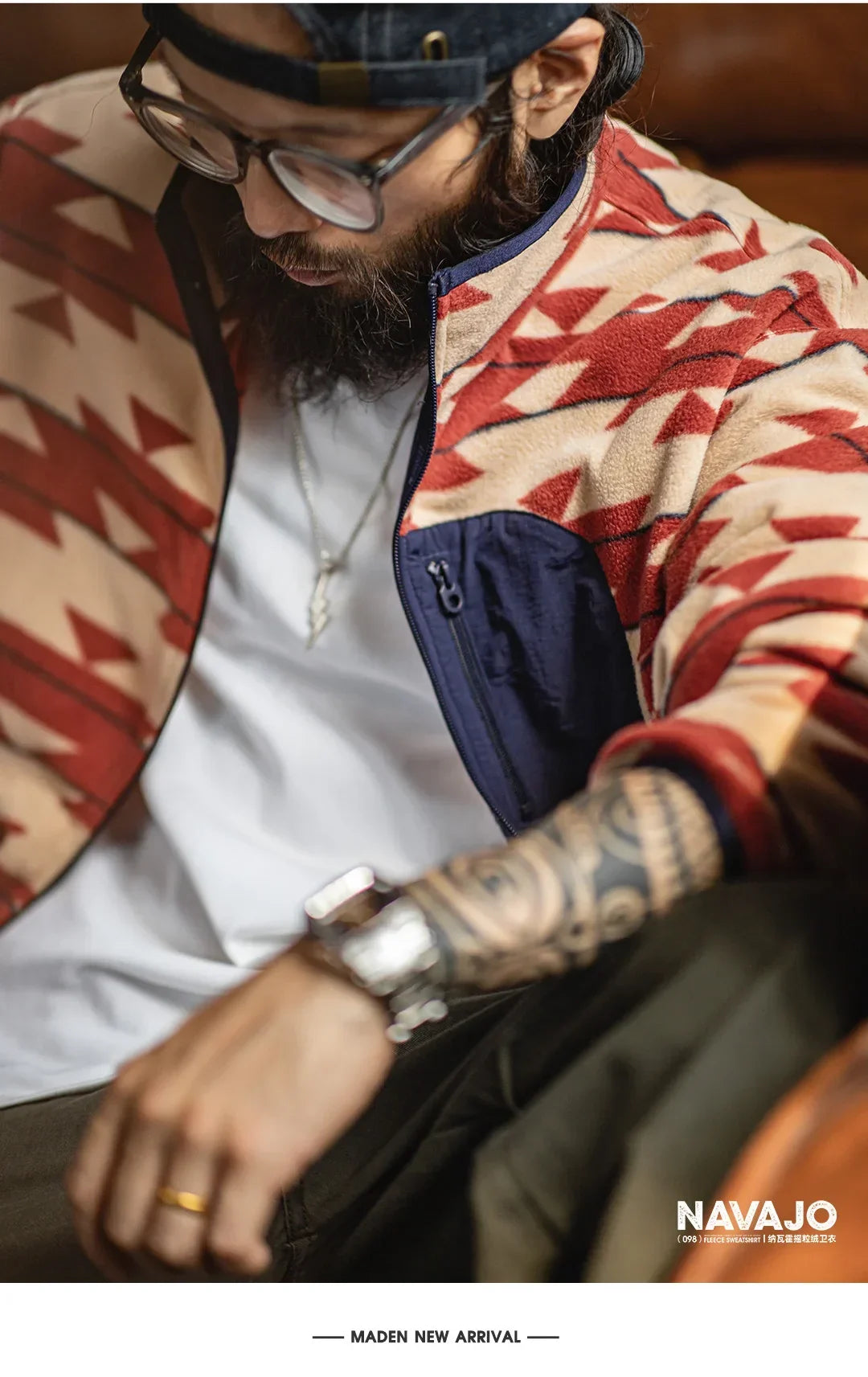 Men's Navajo Pattern Fleece Full Zip Jacket with Stand Collar Vintage Cardigan for Spring Outdoor Casual Comfortable Coat