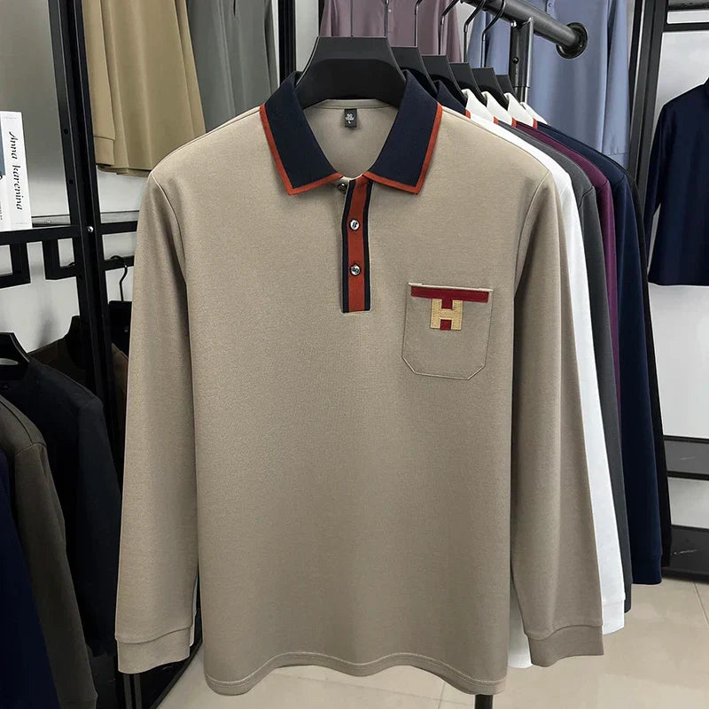 Light Luxury Fashion 100% Pure Cotton Polo Shirt Men's Long Sleeved Autumn New Item Middle-aged Dad Collar Base T-shirt
