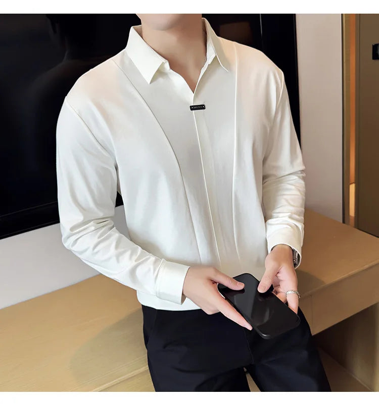 Stitching Special V-neck Long-Sleeved Polo Shirt, Men's High-Grade Elasticity Traceless Lapel T-shirt, Royal Blue Seamless Top