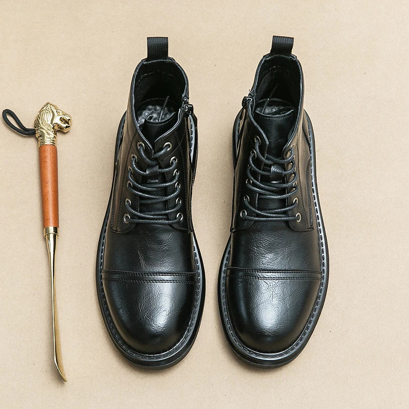 Men Black Leather Boots Casual Lace Up Leather Shoes Size 39-46