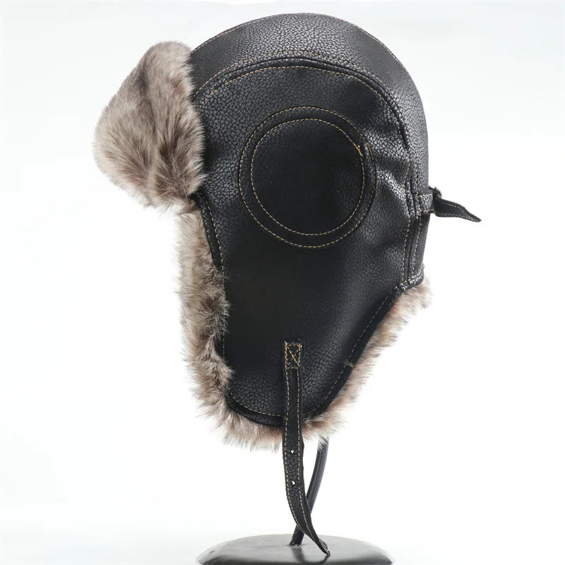 Men Winter Bomber Hat With Goggles Outdoor Motorcycle Windproof Warm Faux Fur Pilot Earflap Hat Leather Thermal Ushanka