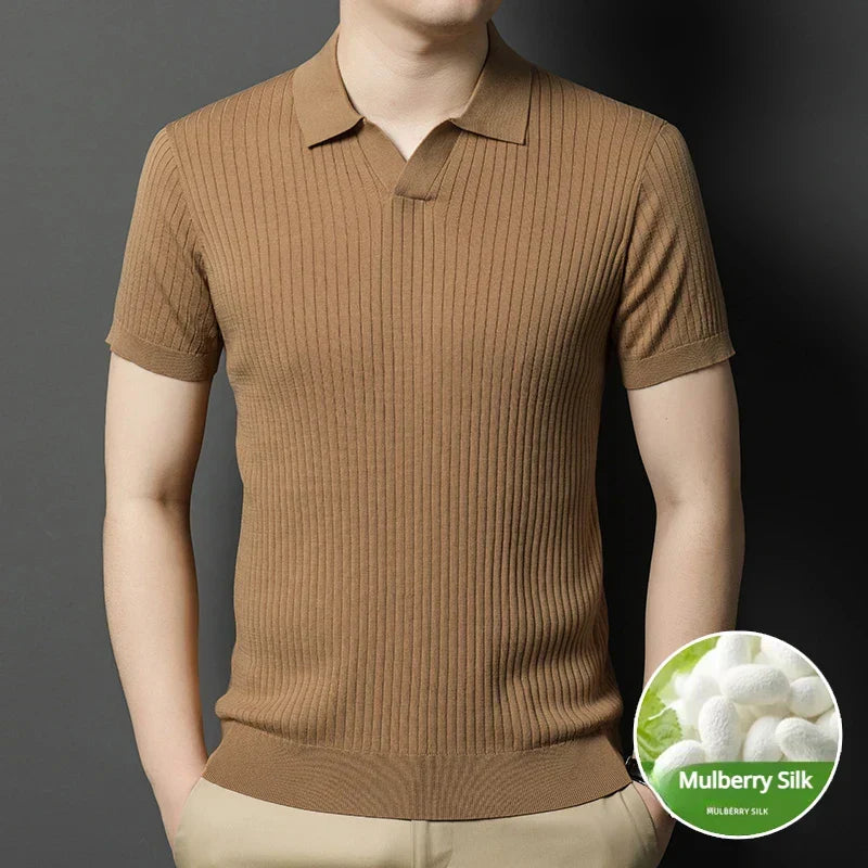Mulberry Silk Men's Short-Sleeved Shirt, Slim Fit Summer Business Gentleman Men's Polo Shirt in 2024, High-End Knitwear