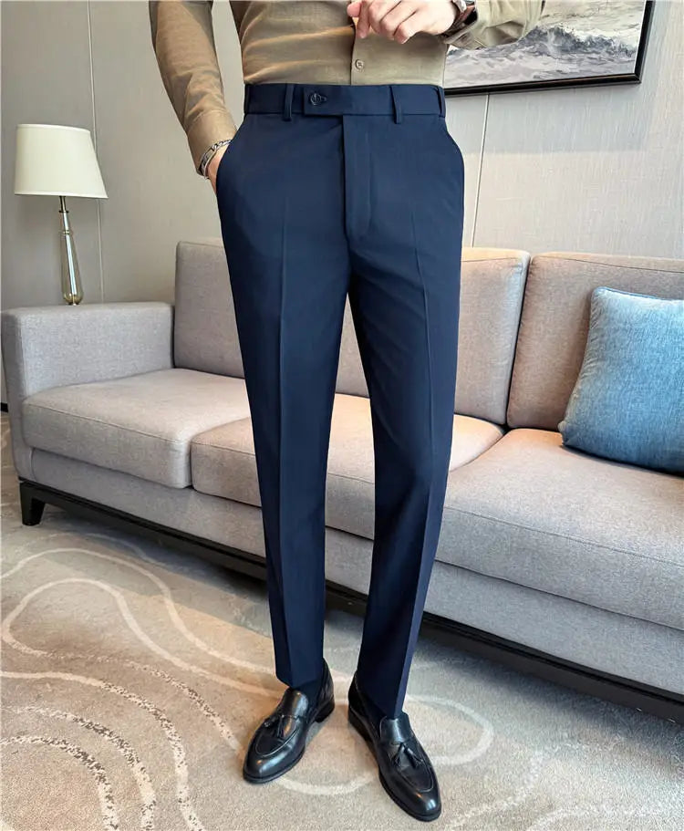 Autumn Winter Thicken Elastic Waist Casual Suit Pants High Quality Men Woven Dark Striped Slim Fit Office Social Dress Trousers
