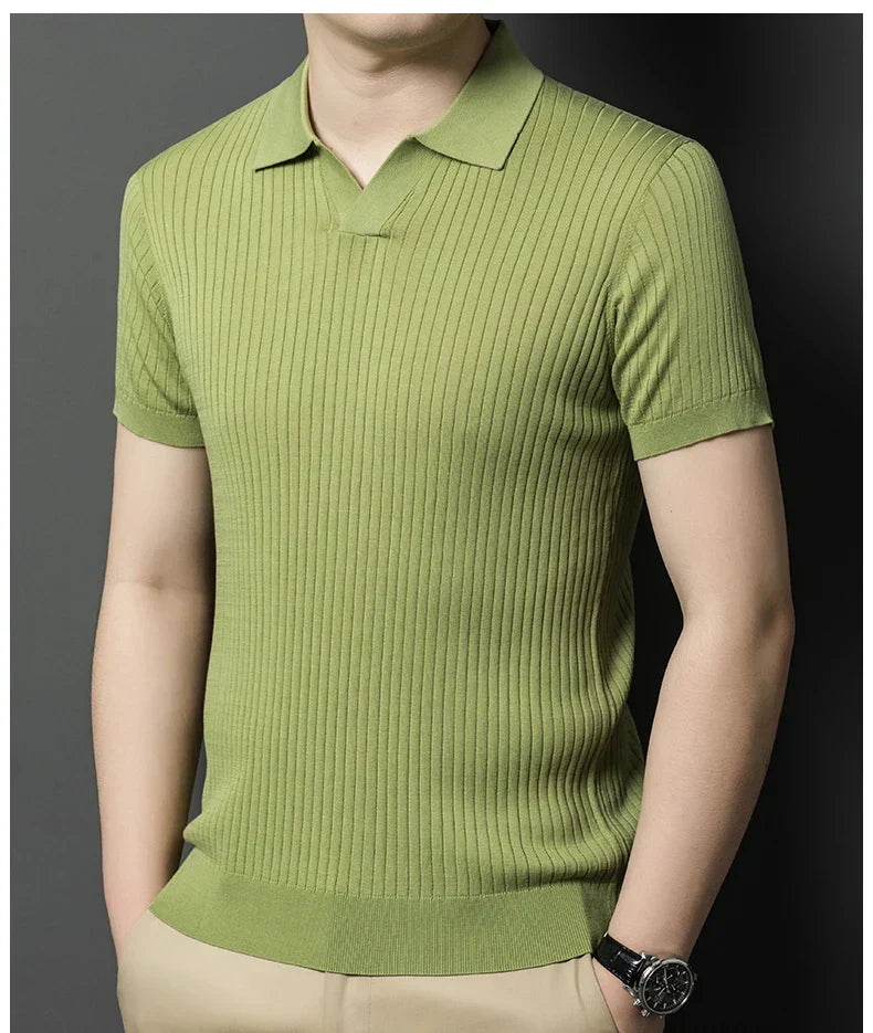 Mulberry Silk Men's Short-Sleeved Shirt, Slim Fit Summer Business Gentleman Men's Polo Shirt in 2024, High-End Knitwear