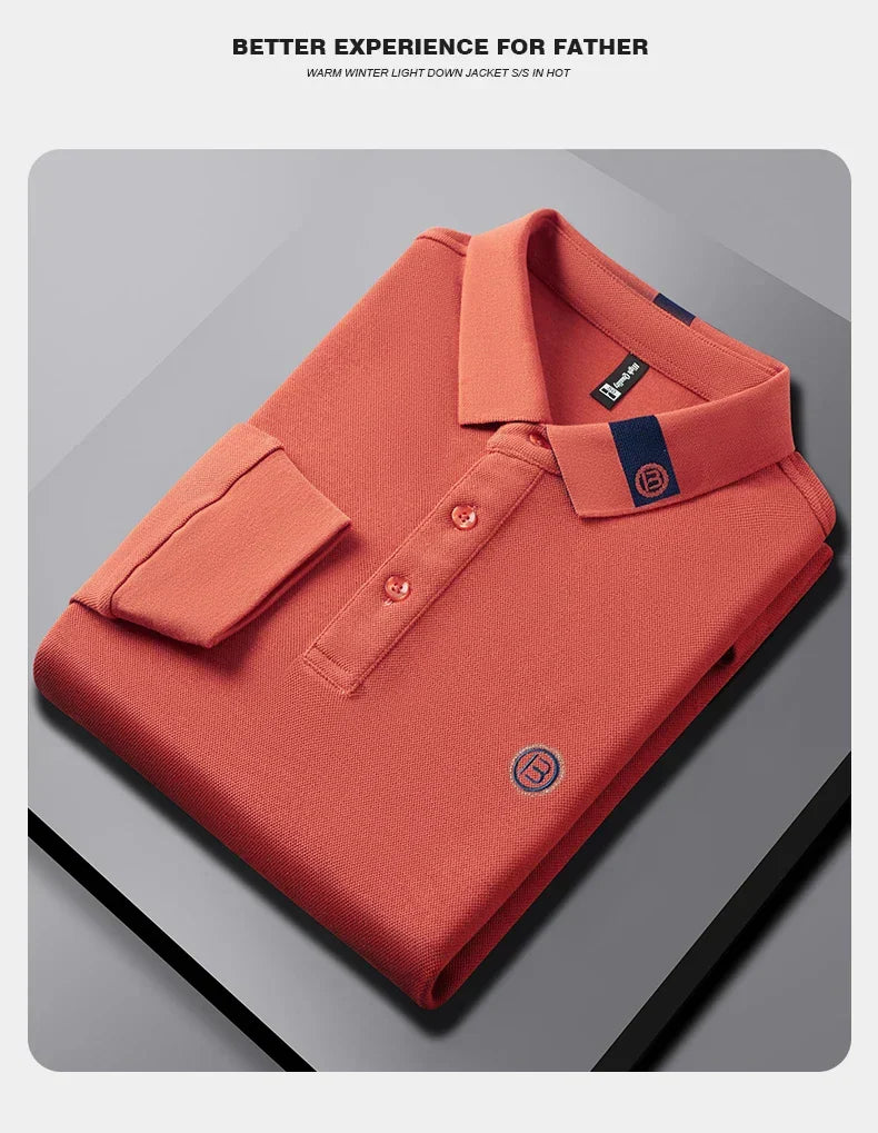 High end letter embroidery brand men's long sleeved polo shirt 2024 Spring and Autumn new comfortable 100% cotton casual T-shirt