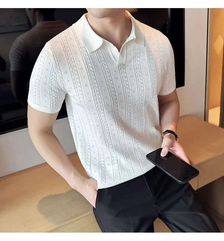 Men's Polo Shirt, Striped Jacquard Knit Short Sleeve, T-shirt V-neck Solid Color Elastic Top 2024. M-3XL,Summer Purple Thin