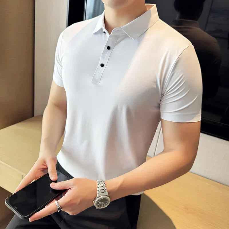 Ice Silk High Elastic Seamless T-shirt ,Summer Thin Polo Shirt, Solid Color Polo Collar Short Sleeve Brown Top, Business Leisure