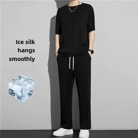 High-End Ice Silk Men's Sports Suit Casual Home Use Long Pants Short Sleeves Quick Drying Top Set Summer Collection