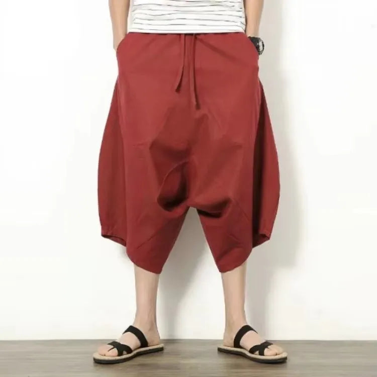 Summer Men's Japanese Samurai Boho Summer Harem Shorts Hakama Linen Cotton Pants 5 Colors Loose Fit Short Pants Big Size