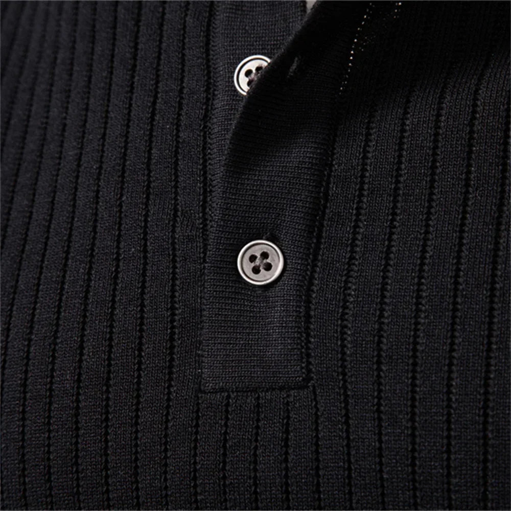 Button Placket Polo Shirt Men Ribbed Stripe Long Sleeve Contemporary Fit Minimalist Autumn Winter Premium Business Top