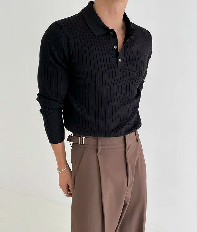 Striped Polo Shirt for Business and Casual Occasionsmen Breathable  Stretchy Slim  Knitted Pullover, Long-sleeve Sweater