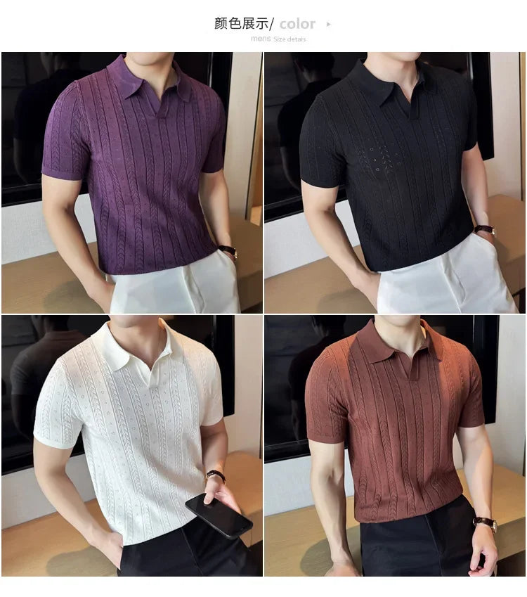 Men's Polo Shirt, Striped Jacquard Knit Short Sleeve, T-shirt V-neck Solid Color Elastic Top 2024. M-3XL,Summer Purple Thin