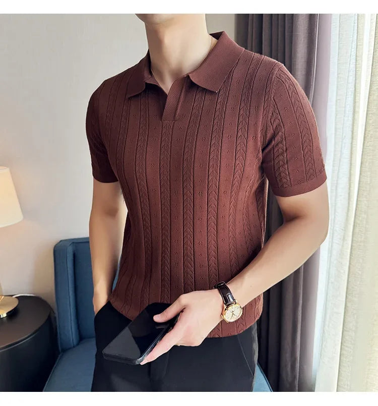 Men's Polo Shirt, Striped Jacquard Knit Short Sleeve, T-shirt V-neck Solid Color Elastic Top 2024. M-3XL,Summer Purple Thin