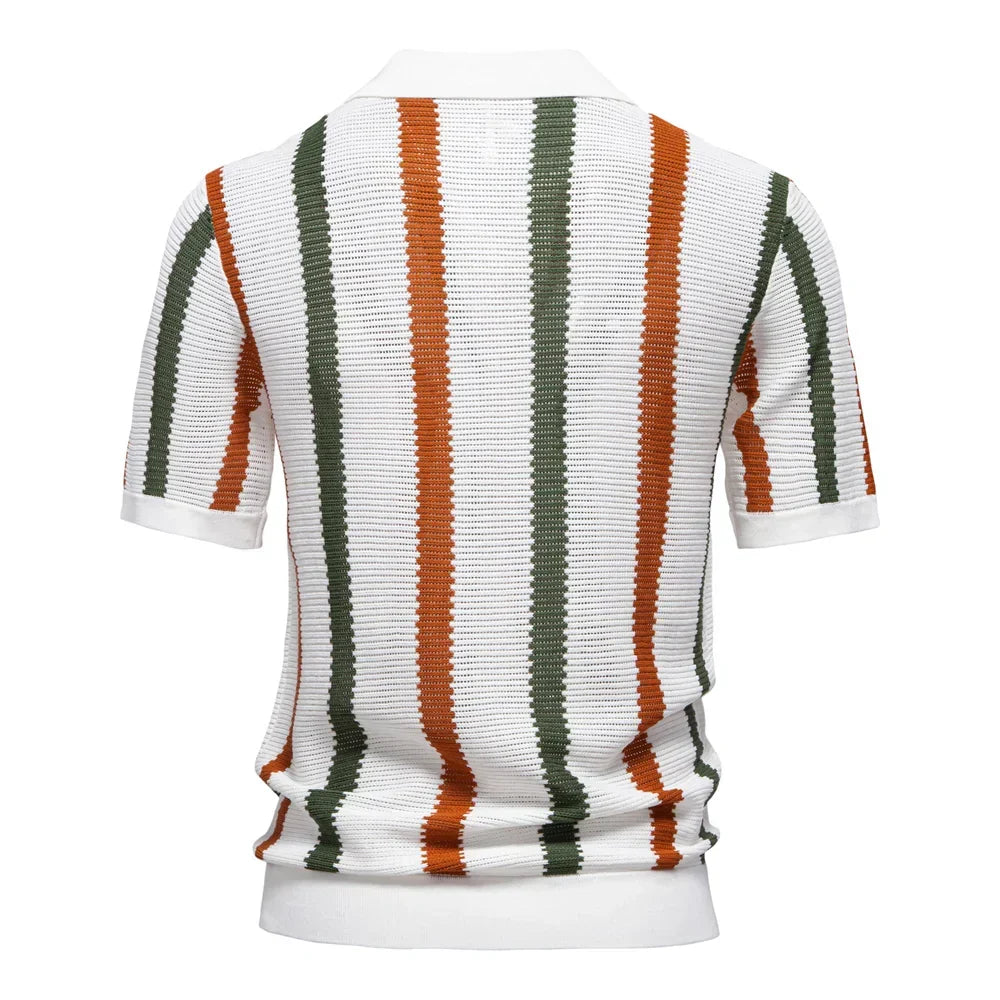 Men's Ribbed Knit Polo Shirt For Breathable Striped Casual Wear with Comfortable Collar High quality Male Polo Shirt