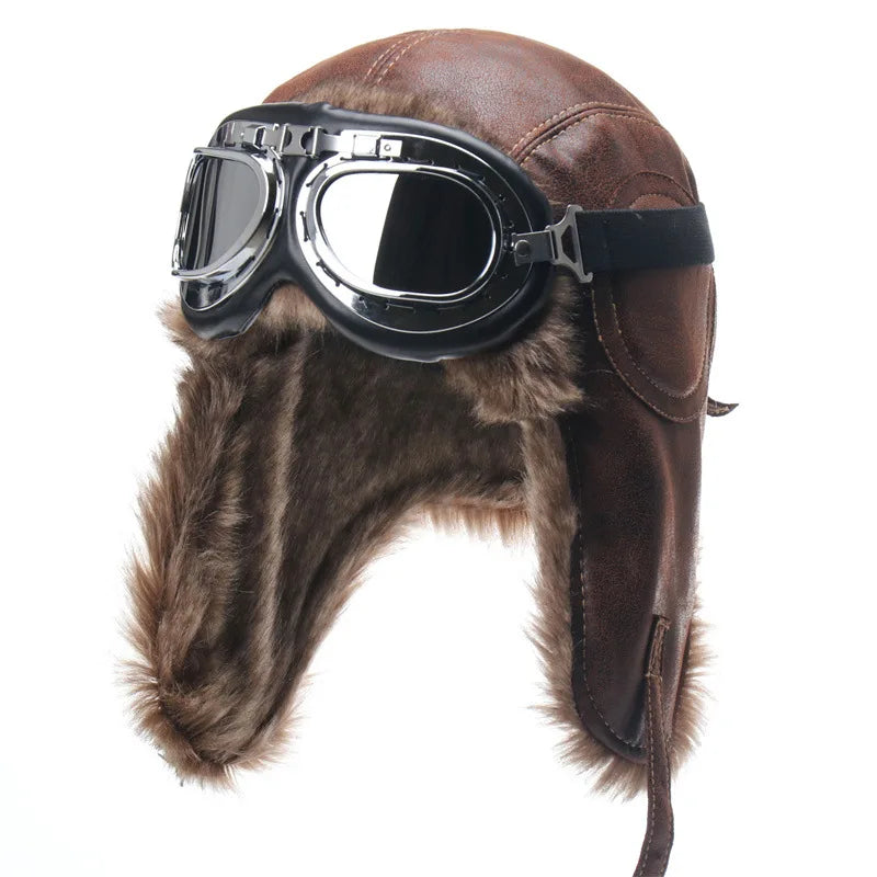 Winter Men Bomber Hat With Goggles Outdoor Motorcycle Windproof Warm Faux Fur Pilot Earflap Hat Leather Thermal Ushanka