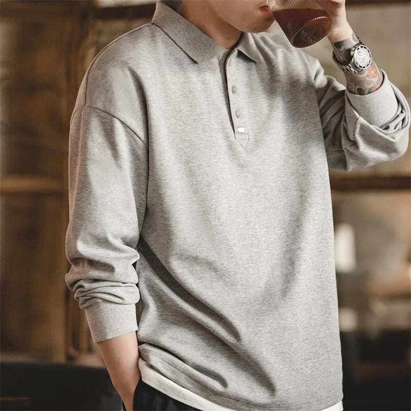 Spring Vintage Oversize Polo Shirts for Men Business Casual Solid Color Long Sleeve T-shirt Stylish Lapel Plain Tops