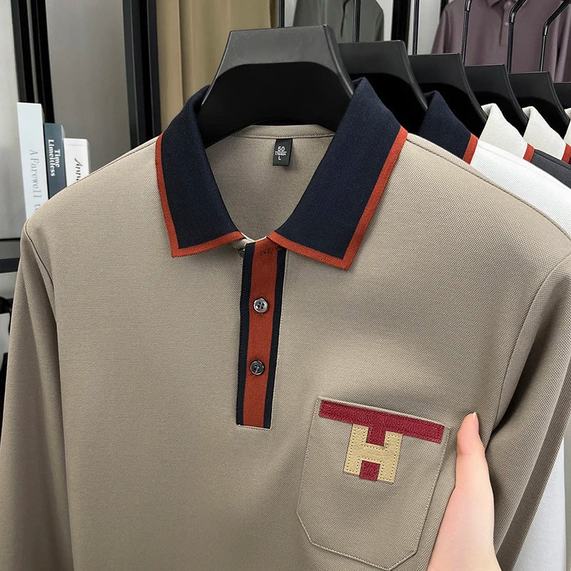 Light Luxury Fashion 100% Pure Cotton Polo Shirt Men's Long Sleeved Autumn New Item Middle-aged Dad Collar Base T-shirt