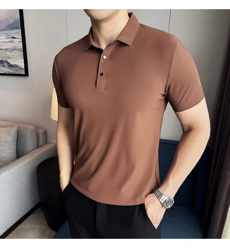 Ice Silk High Elastic Seamless T-shirt ,Summer Thin Polo Shirt, Solid Color Polo Collar Short Sleeve Brown Top, Business Leisure